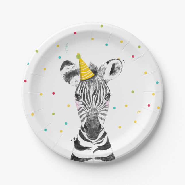 Party Animals Safari Wild One Zebra Zoo Birthday Paper Plates (Front)