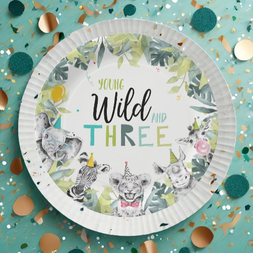 Party Animals Safari Young Wild and Three Birthday Paper Plates
