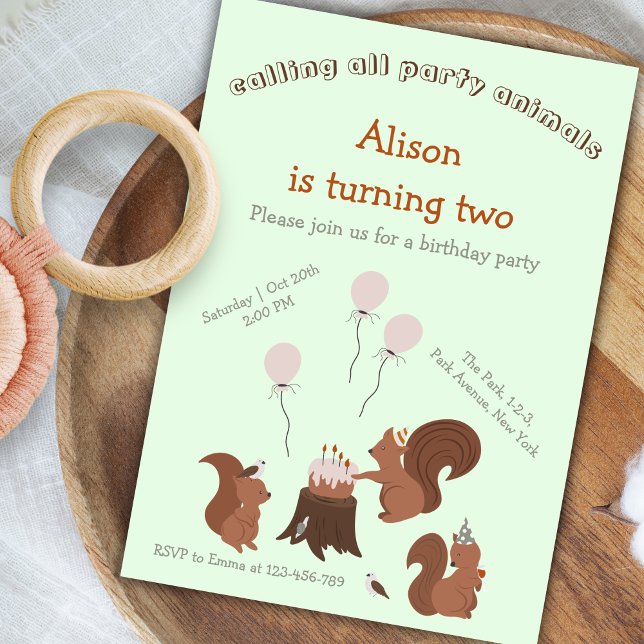 Party Animals Squirrel Birthday Party Invitation (Party animal birthday invitation, featuring squirrels, going nuts with a cake and balloons. )