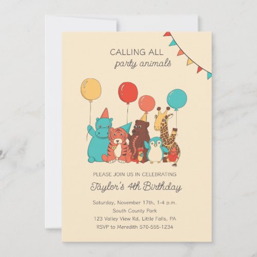 Party Animals Tiger, Hippo, Penguin Kids Birthday Invitation