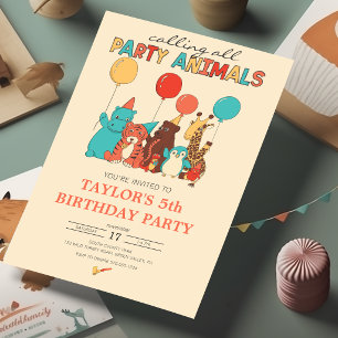 Party Animals Tiger, Penguin, Giraffe Birthday Invitation