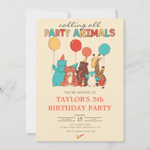 Party Animals Tiger, Penguin, Giraffe Birthday Invitation