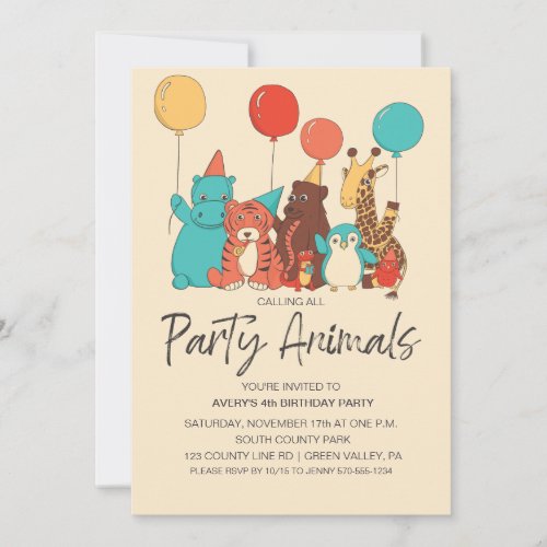 Party Animals Tiger, Penguin, Hippo Kids Birthday Invitation