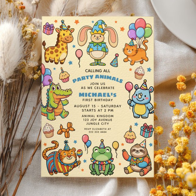 Party Animals Whimsical ZOO First Birthday Party Invitation (Creator Uploaded)