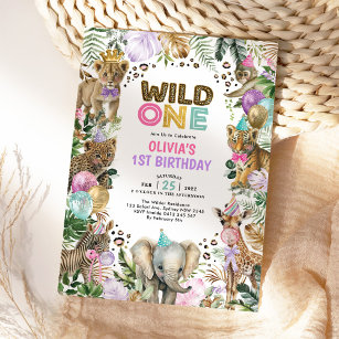 Party Animals Wild One Pink Purple Safari Birthday Invitation