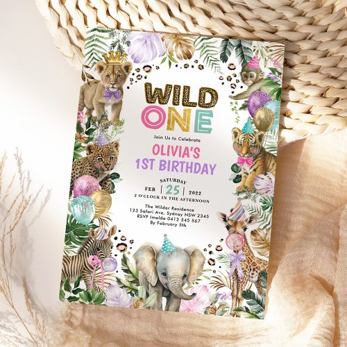Party Animals Wild One Pink Purple Safari Birthday Invitation