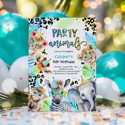 Party Animals Wild Safari Blue Boy Birthday Party Invitation