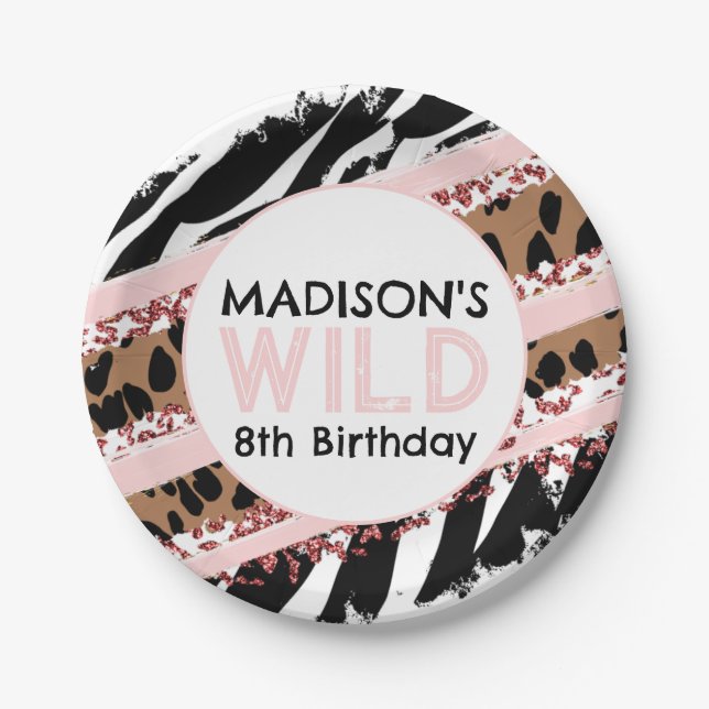 Party Animals Wild Safari Pink Girl Birthday Paper Paper Plates (Front)