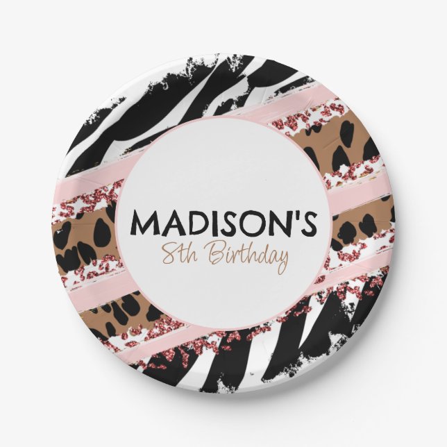 Party Animals Wild Safari Pink Girl Birthday Paper Plates (Front)