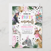 Party Animals Wild Safari Pink Girl Birthday Party Invitation (Front)