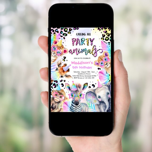 Party Animals Wild Safari Pink Girl Birthday Party Invitation (Front Digital)