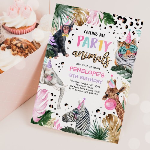 Party Animals Wild Safari Pink Girl Birthday Party Invitation