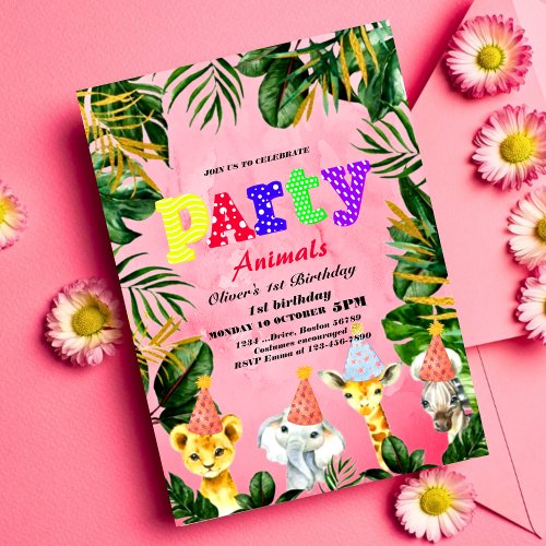 Party Animals Wild Safari Pink Girl Birthday Party Invitation