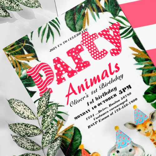 Party Animals Wild Safari Pink Girl Birthday Party Invitation