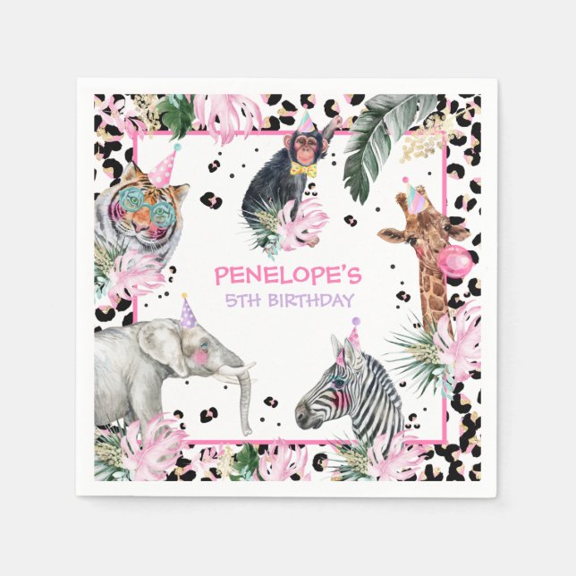 Party Animals Wild Safari Pink Girl Birthday Party Napkins (Front)
