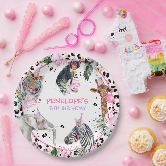 Party Animals Wild Safari Pink Girl Birthday Party Paper Plates (Party)