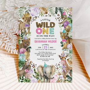 Party Animals Wild Safari Pink Lilac Baby Shower I Invitation