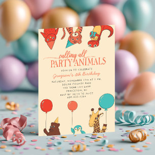 Party Animals with Balloons Custom Kids Birthday Invitation