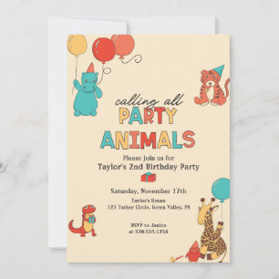 Party Animals with Balloons Retro Colors Birthday Invitation