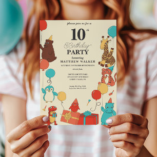 Party Animals with Hats and Balloons Kids Birthday Invitation