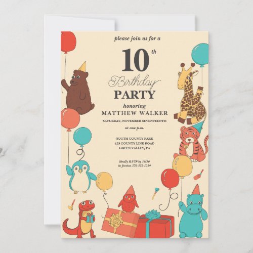 Party Animals with Hats and Balloons Kids Birthday Invitation