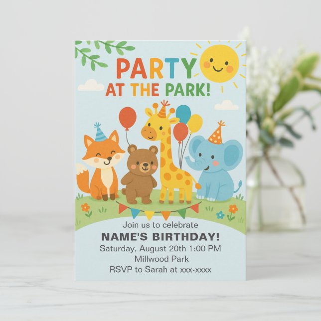 Party at The Park Animals Birthday Invitation (Standing Front)