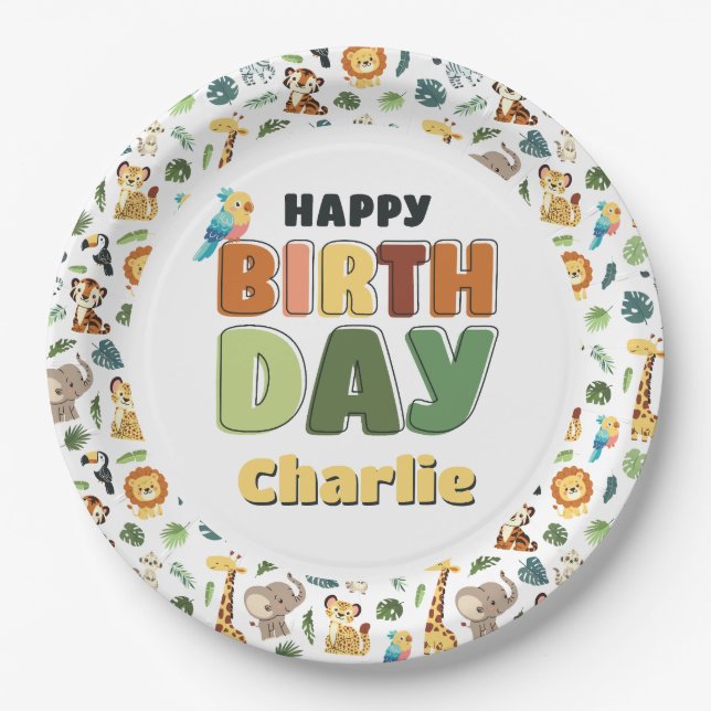 Party at the Zoo Safari Animal Happy Birthday Paper Plates (Front)