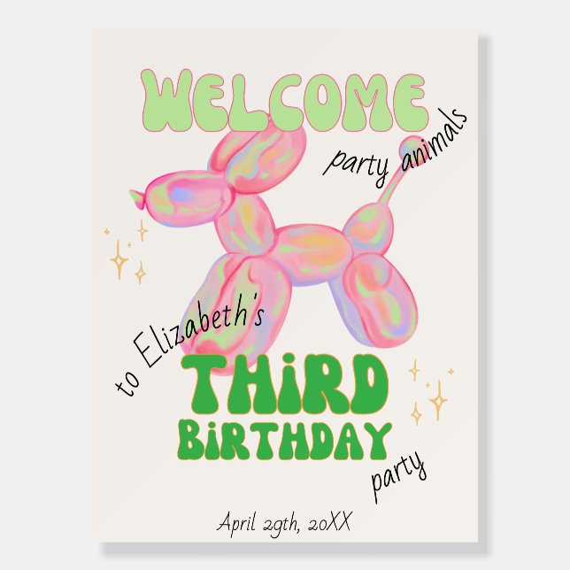 Party Balloon Animal 3rd Birthday Welcome Sign (Front)