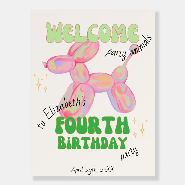 Party Balloon Animal 4th Birthday Welcome Sign (Front)