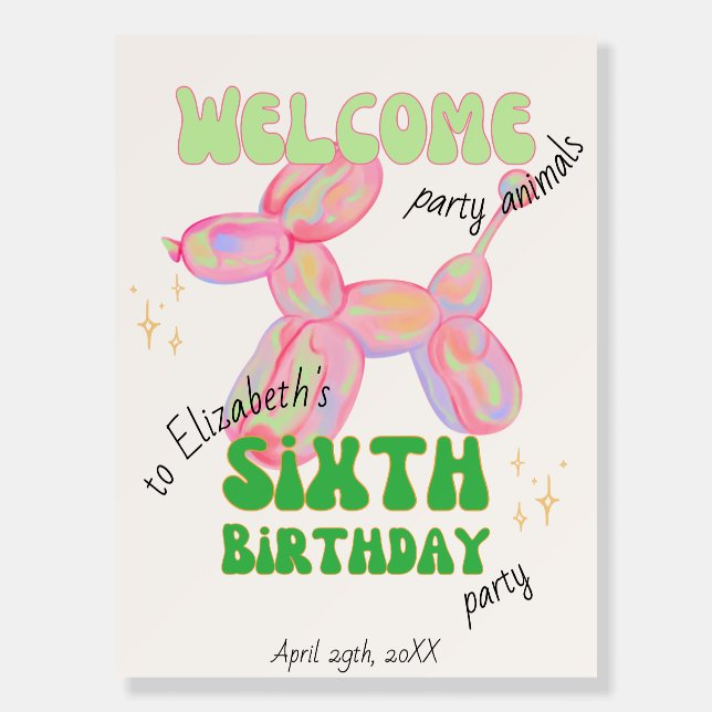 Party Balloon Animal 6th Birthday Welcome Sign (Front)