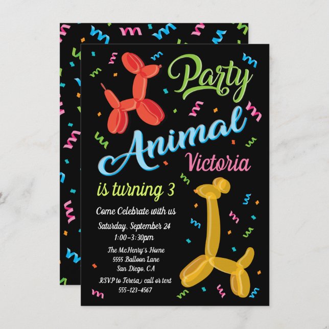 Party Balloon Animals Birthday Invitations (Front/Back)