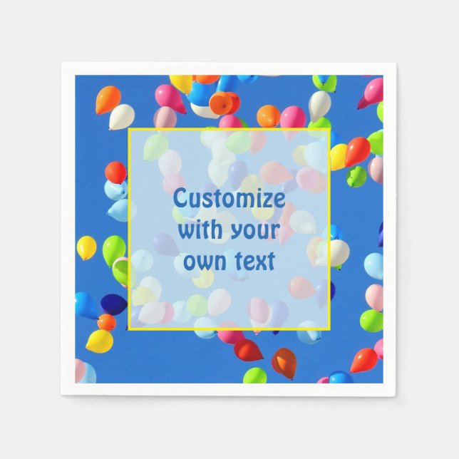 Party Balloons Floating in Blue Sky Custom Text Napkins (Front)