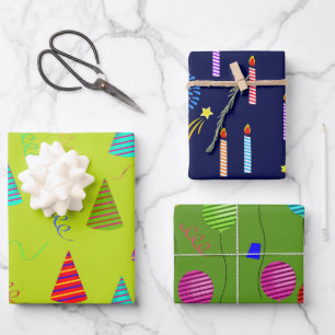 Party Balloons, Hats, and Candles in colorful stri Wrapping Paper Sheets