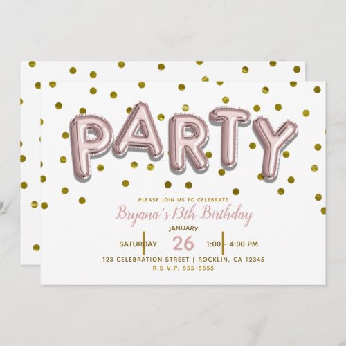 PARTY Balloons Pink Rose Gold Birthday ANY COLOR Invitation