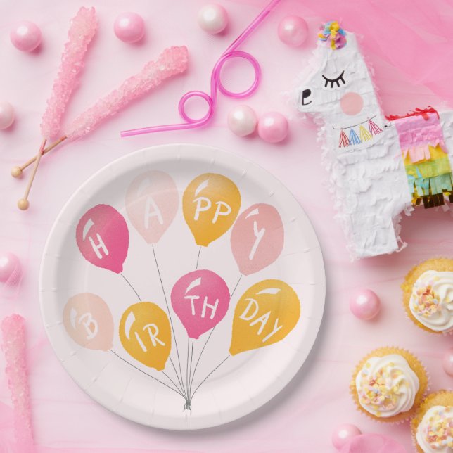 Party Balloons Pink Yellow Kid Happy Birthday Paper Plates (Party)