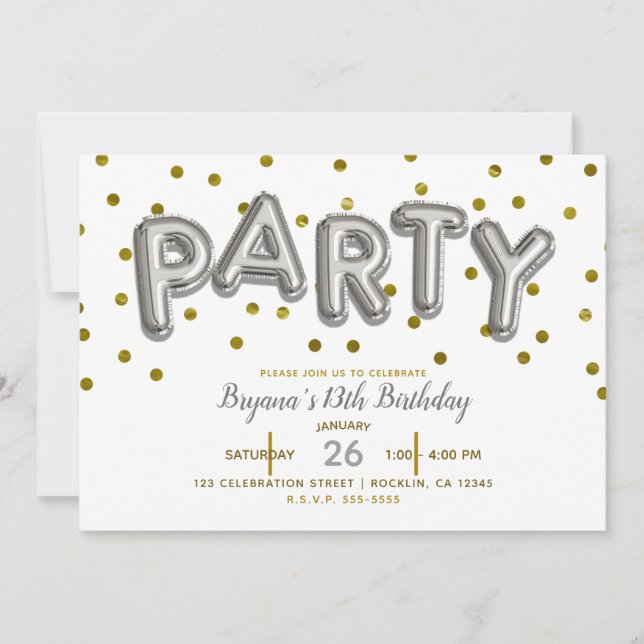 PARTY Balloons Silver & Gold Birthday ANY COLOR Invitation (Front)