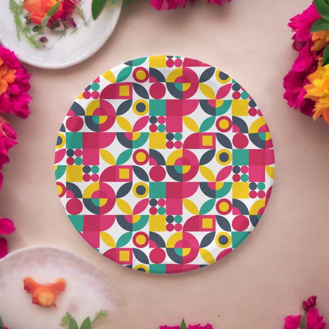 Party Bauhaus Style Paper Plates (retro color theme,birthday,wedding,baby shower,special occasion event paper plate party supplies)