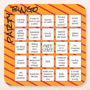 Party Bingo Funny Orange Red Modern Square Paper Coaster