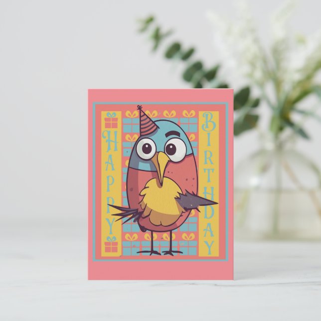 Party Bird - Cute Birthday Postcard  (Standing Front)