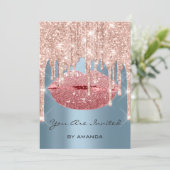 Party Birthday 16th Kiss Lips Rose Blue Glitter Invitation (Standing Front)