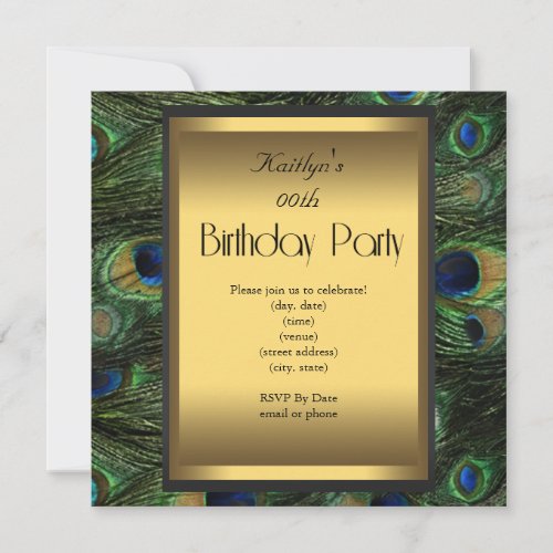 Party Birthday Peacock Green Blue Gold Invitations