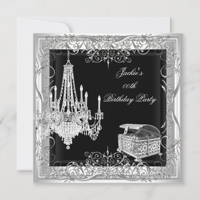 Party Birthday Silver Chandelier White Black Invitation (Front)