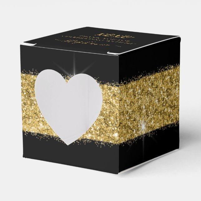 Party Black Gold Glitter Confetti Square Heart Favor Boxes (Front Side)