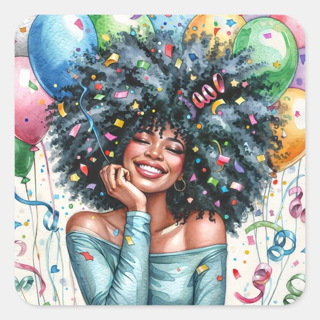 Party Black Woman With Balloons Watercolor Square Sticker (Front)