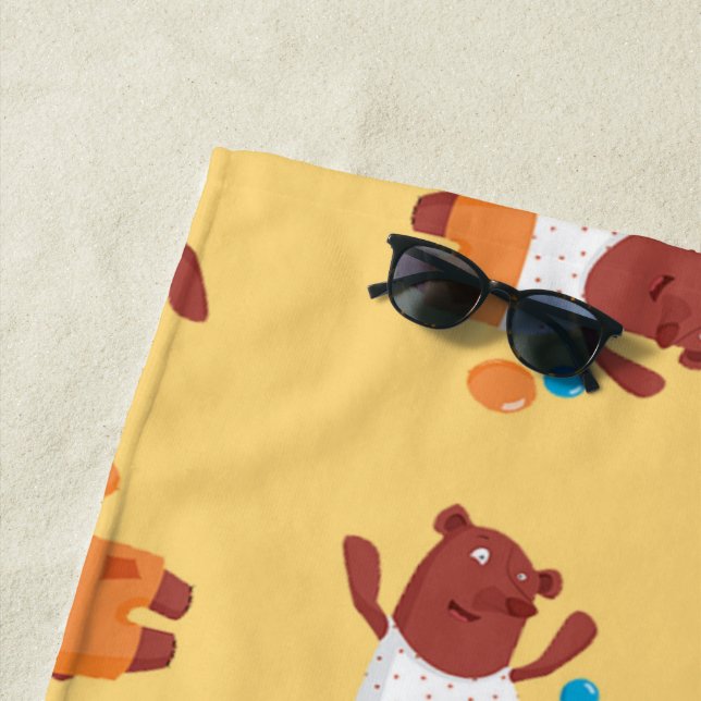 Party brown bear on orange beach towel (In Situ)