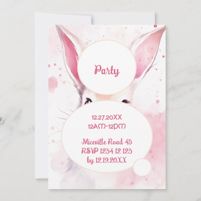Party Bunny Cute Pink Pastel Watercolor Invitation (Back)