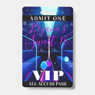 Party Bus Blacklight Dance Sweet 16 VIP Pass Badge