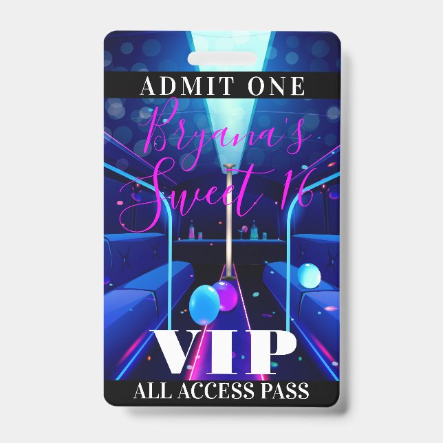 Party Bus Blacklight Dance Sweet 16 VIP Pass Badge (Front)
