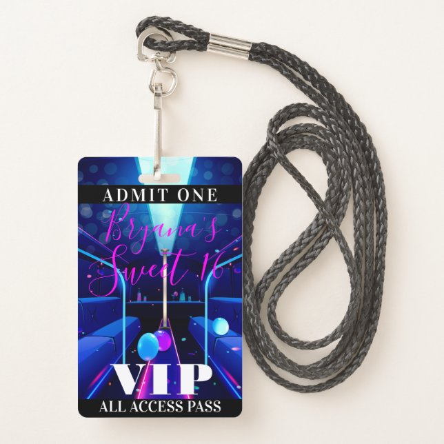 Party Bus Blacklight Dance Sweet 16 VIP Pass Badge (Front with Lanyard)