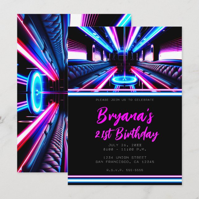 Party Bus Glow Lights Dance Floor Birthday Party Invitation (Front/Back)